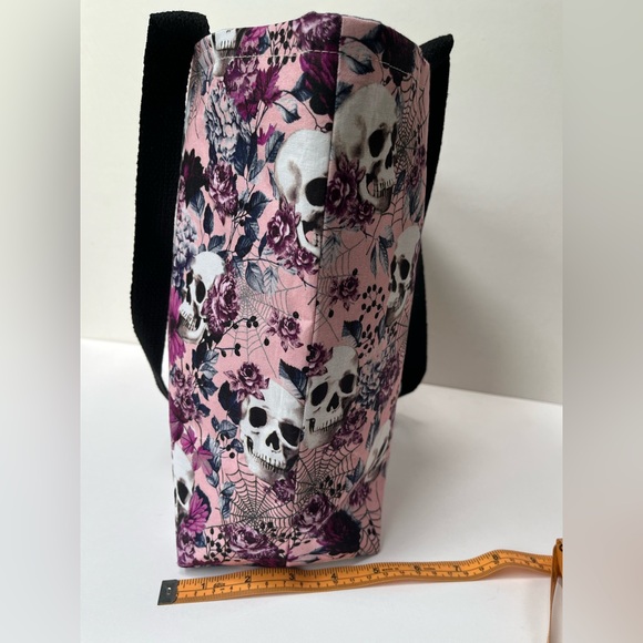 Handmade Floral Skull Tote Bag - Pink and Black - Picture 7 of 9